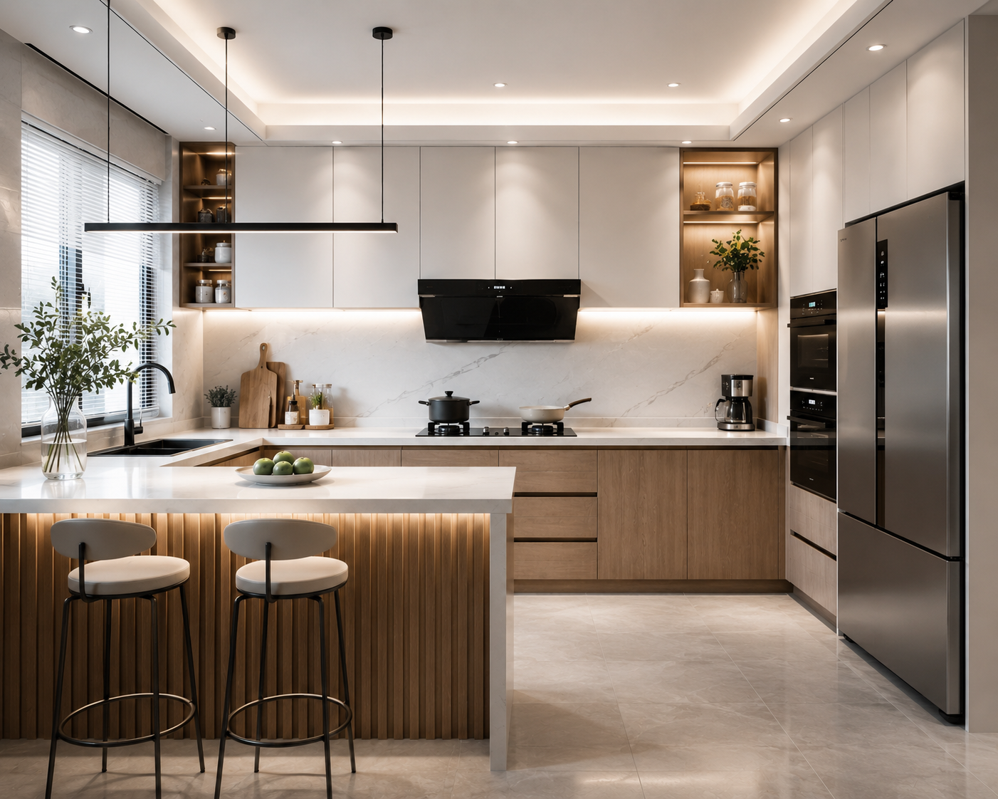 Functional kitchen cabinet layout with modern storage