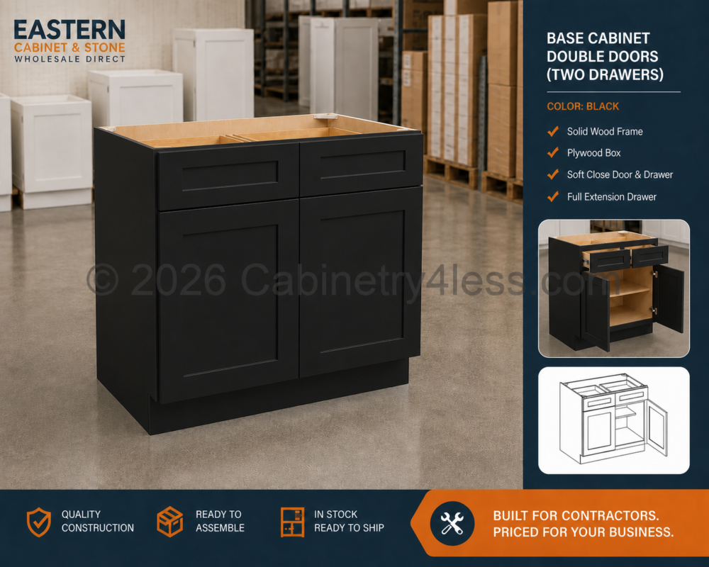 Matte Black Base Cabinet Double Doors (Two Drawers)